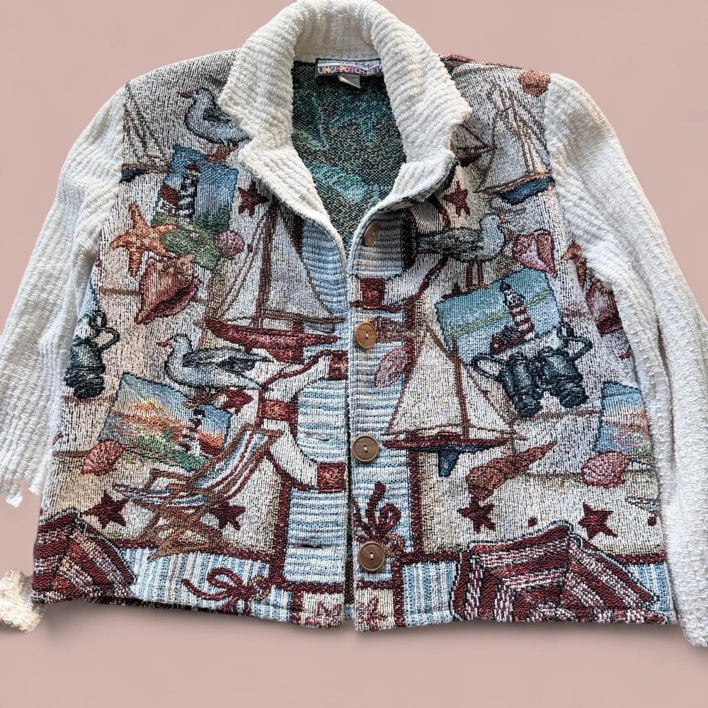 Women's  vintage It's Outta the Bag by Unge-Potch-Ket tapestry jacket Nautical